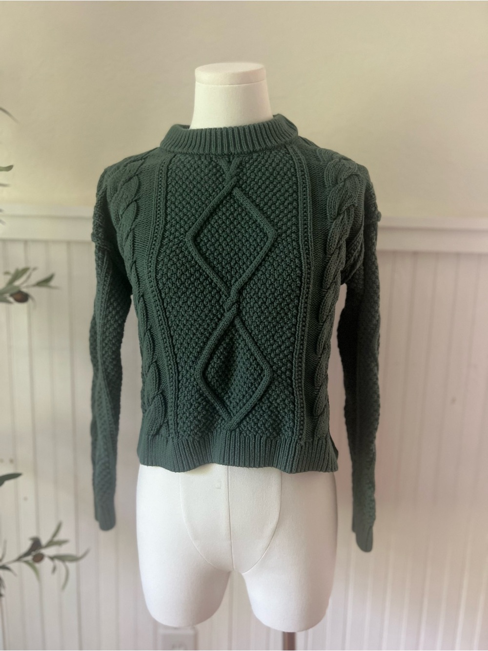 Quince Organic Cotton Cable Knit Sweater XS Green Fisherman Mock Neck Cozy